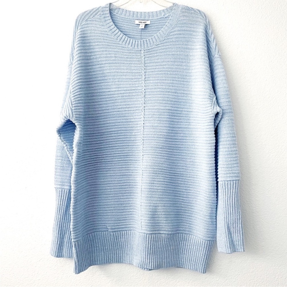 NWT Nine West Long Ribbed Metallic Sparkle Baby Blue Knit Pullover Sweater Tunic - Picture 2 of 9
